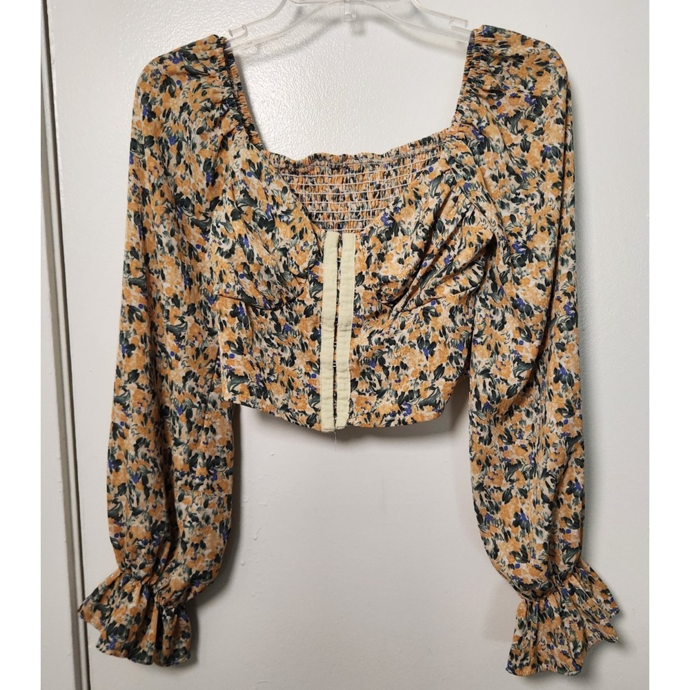 Floral Smocked Hook & Eye Milkmaid Cropped Top Flounce‎ Sleeve Small Cottagecore